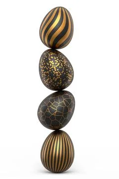 Stack of golden and black Easter eggs and chocolate eggs on white background Stock Illustration
