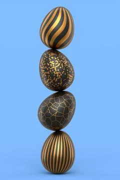 Stack of golden and black Easter eggs and chocolate eggs on blue background 스톡 일러스트