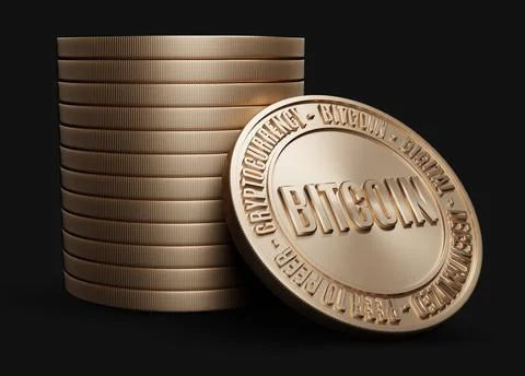 Stack of golden bitcoin coins on black background Illustrazione stock