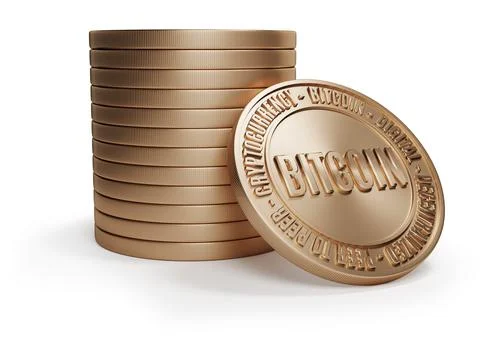 Stack of golden bitcoin coins isolated on white background Stock Illustration