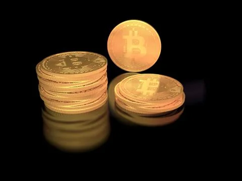 Stack of golden bitcoin tokens on black background with reflection 库存插图