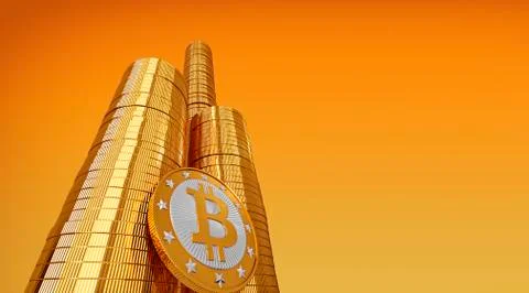 Stack of golden Bitcoins on orange background. Stock Illustration