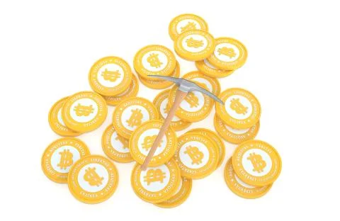 Stack of golden Bitcoins with Pickaxe. Crypto currency mining concept. Stock Illustration