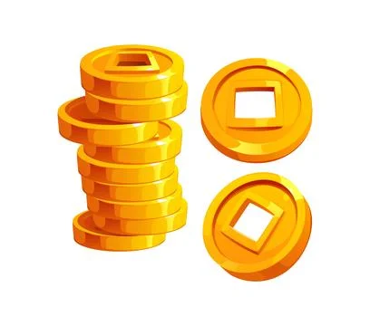 Stack of golden Chinese coins with square holes Stock Illustration