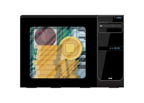 Stack of golden coin inside of computer case. Illustrazione stock