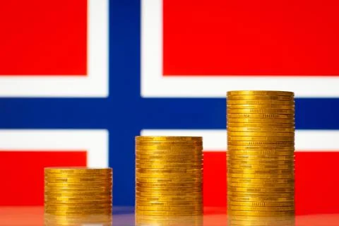 Stack of golden coins against flag of Norway forming rising chart Stock Photos