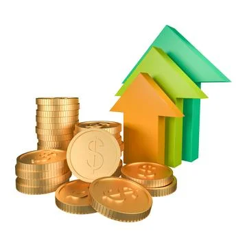 Stack of golden coins and arrow up bar on white background Stock Illustration