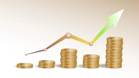 A stack of golden coins with an decrease and increase arrow graph Illustrazione stock