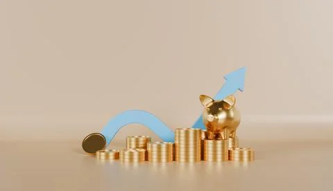 Stack of golden coins with dollar sign and gold piggy bank, signifies financial Stock Illustration