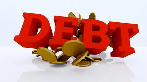 Stack of golden coins hit by the text, DEBT. 3D render. 스톡 일러스트