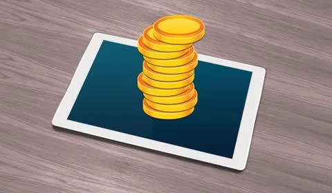Stack of Golden Coins on Smart Tablet Stock Photos