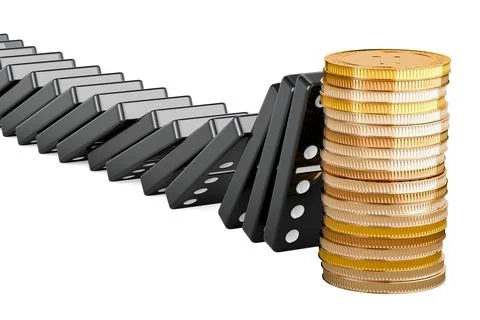 Stack of golden coins stopped effect domino, 3D rendering Stock Illustration
