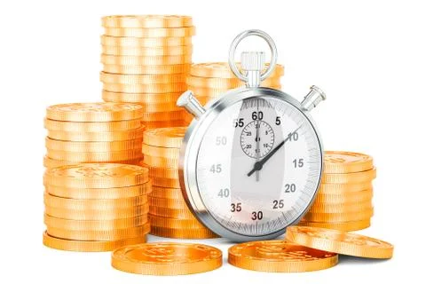 Stack of golden coins with stopwatch, 3D rendering 스톡 일러스트