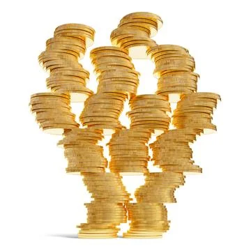 Stack of golden coins on white background. Dangerous finance concept Stock-Illustration