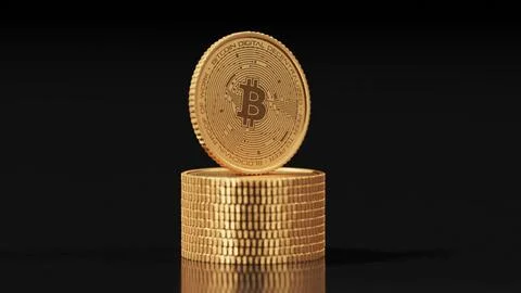 Stack of golden cryptocurrency bitcoin coins on shiny black background Stock Illustration