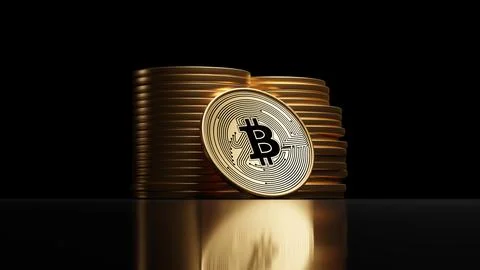 Stack of golden cryptocurrency bitcoin coins on shiny black background Stock Illustration
