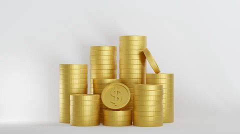 Stack of golden dollar coins on white background, 3d rendering. イラスト素材