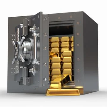 Stack of golden ingots in bank vault. 3d Stock Illustration