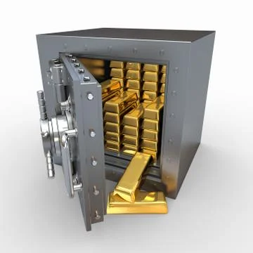 Stack of golden ingots in bank vault. 3d Stock Illustration