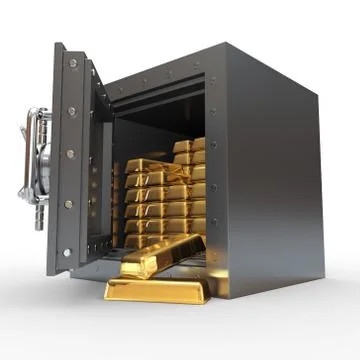 Stack of golden ingots in bank vault. 3d Stock Illustration