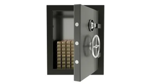Stack of golden ingots in bank vault. 3d rendering Stock Illustration