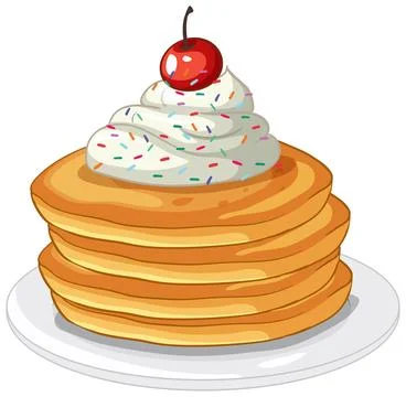 Stack of Golden Pancakes with Whipped Cream and a Cherry Stock-Illustration