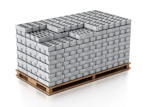 Stack of gray construction bricks standing on wooden base. 3D illustration... Stock Photos