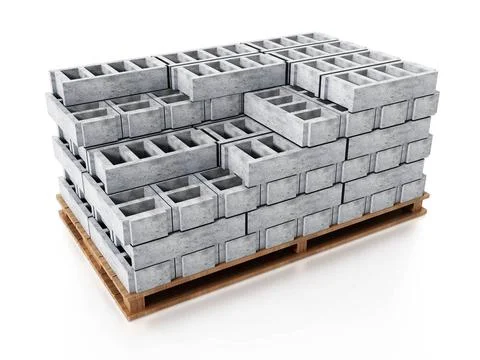 Stack of gray construction bricks standing on wooden base. 3D illustration... Stock Photos