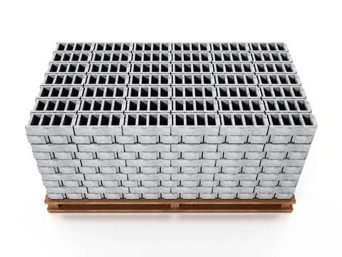 Stack of gray construction bricks standing on wooden base. 3D illustration... Stock Photos