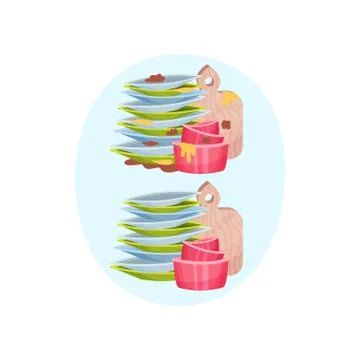 Stack of green and blue plates, red bowls and a wooden cutting board. Vector Stock Illustration