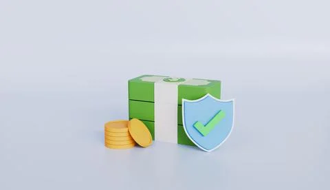 Stack of green banknotes, safe money storage or secure payments, gold coins Illustrazione stock