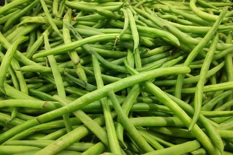 Stack of green beans on a market stall Stock Photos