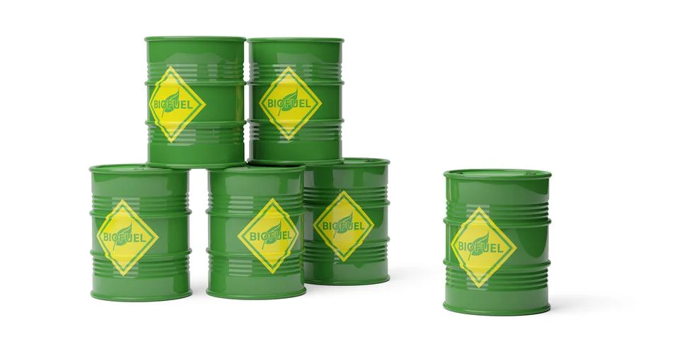 Stack of green bio fuel or bio diesel barrels over white background, alternat 스톡 일러스트