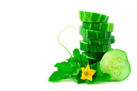 A stack of green cucumber slices with leaves on a white background. 스톡 사진