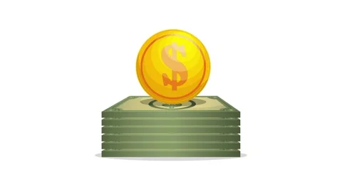 Stack of green dollar bills with a golden coin falling on top on white back.. Stock Footage 334256220