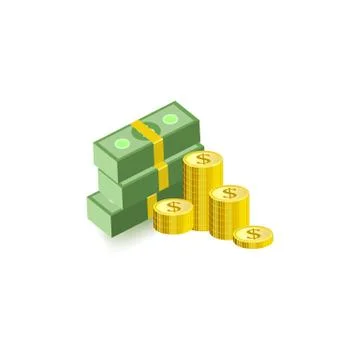Stack of green dollar paper banknotes in packs of hundred notes and gold coins. Stock Illustration