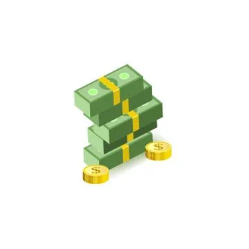 Stack of green dollar paper banknotes in packs and gold coins . Stock Illustration