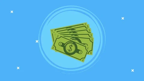 Stack of green paper money banknotes appearing in center of blue background. Stock Footage 339267639