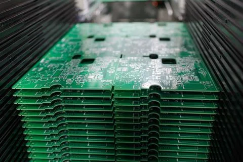 Stack of green printed circuit boards on electronics manufacturing line in .. Stock Photos
