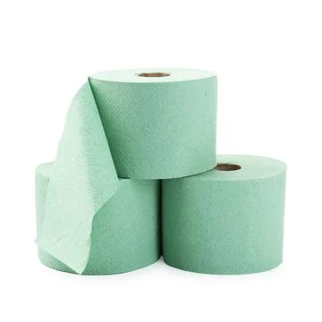 Stack of green toilet paper rolls isolated on white Stock Photos