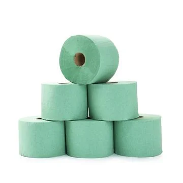 Stack of green toilet paper rolls isolated on white Stock Photos