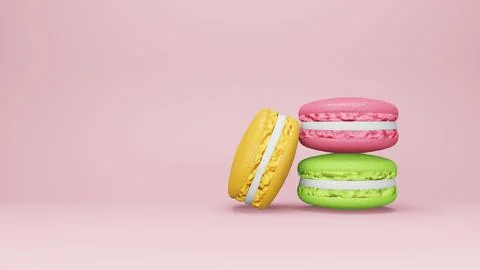 Stack of green, yellow, pink macaroons on a white background. 3d rendering Stock Illustration