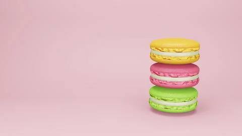 Stack of green, yellow, pink macaroons on a white background. 3d rendering Stock Illustration