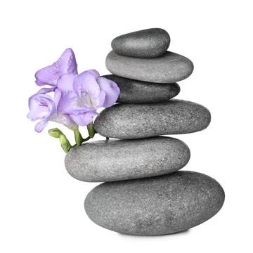 Stack of grey spa stones and fresh flowers isolated on white 写真素材