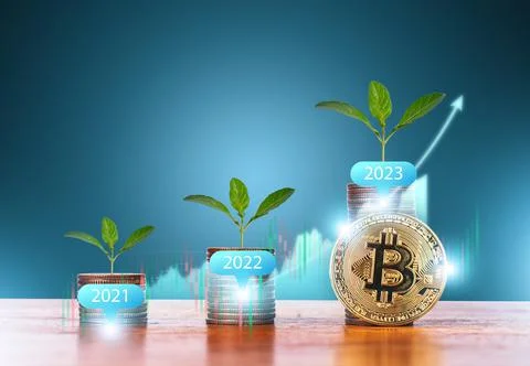 Stack growing bitcoins new virtual money technology blockchain. Golden BTC, G Stock Photos