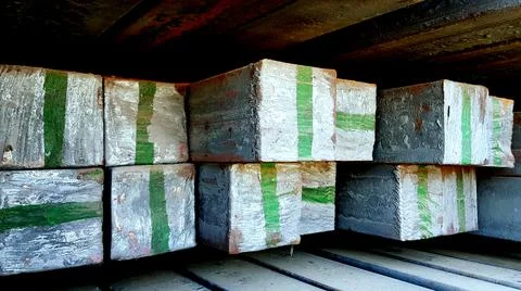 Stack of grungy metal pillars on construction site Stock Photos