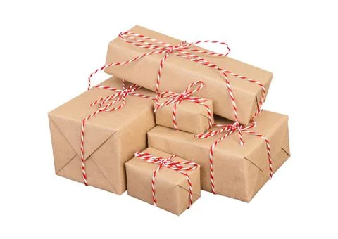 Stack of handcraft gift boxes on white background Foto stock