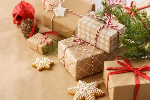 Stack of handcrafted gift boxes and decoration for Christmas. Stock Photos