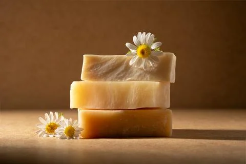 Stack of handmade chamomile soap bars decorated with fresh chamomile flowers  Stock Photos