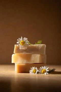 Stack of handmade chamomile soap bars decorated with fresh chamomile flowers  Stock Photos